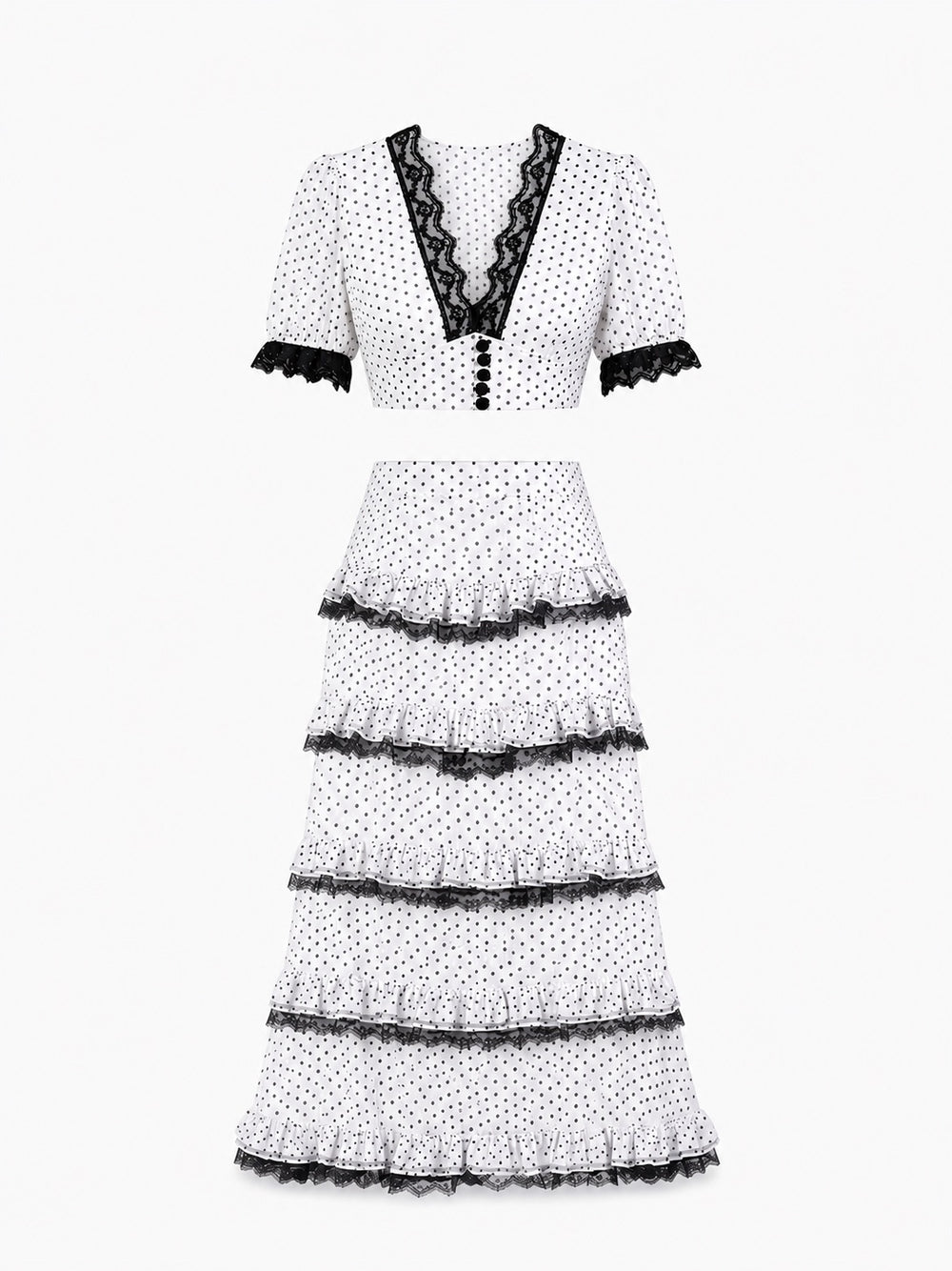 White polka dot two-piece set with black lace trim and tiered skirt